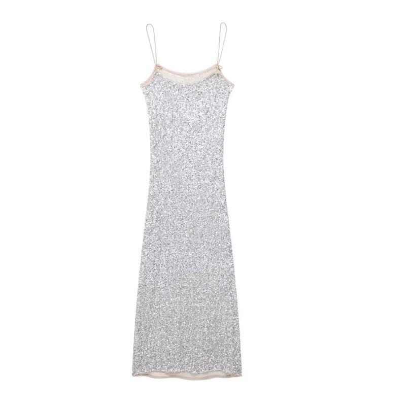 Elegant Sequin Suspender Dress with High Waist A-line Skirt