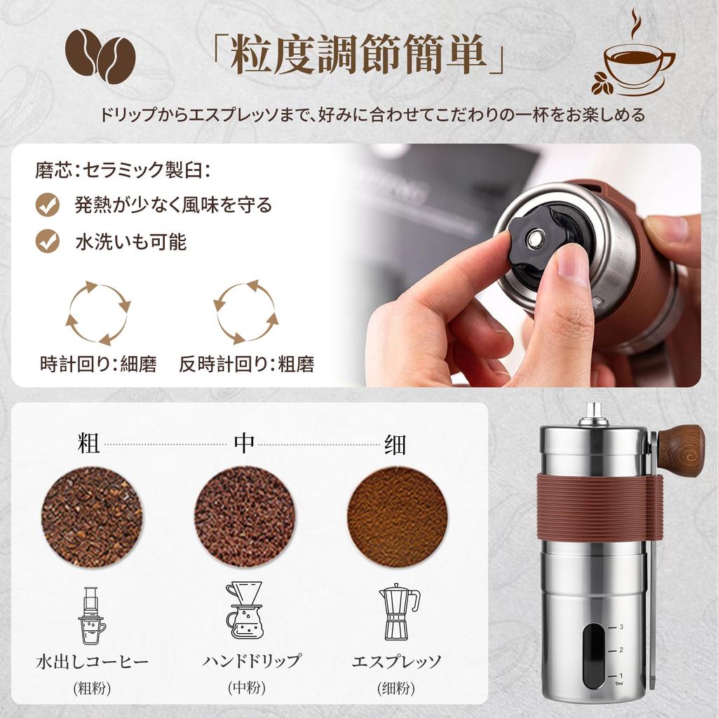 COSOWO Manual Coffee Grinder with Stainless Steel Body, Ceramic Grinding Grinding Grind, Adjustable Coarseness, Non-Slip Surface, Compact, Quiet,