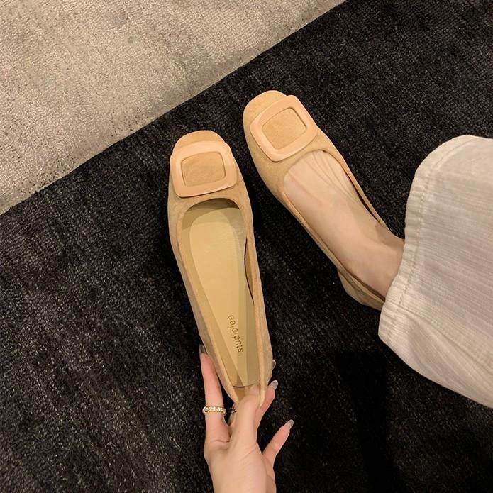 Sheepskin Version~ Gentle Wind Leather Square Head Shallow Mouth Single Shoes Women's New Versatile and Not Tired Foot Square Buckle Commuter Flats