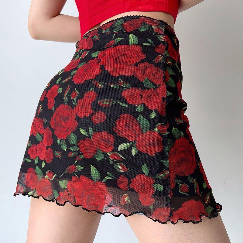 American Spicy Girl Rose Print Mesh High-Waisted Bodycon Mini Skirt for Women