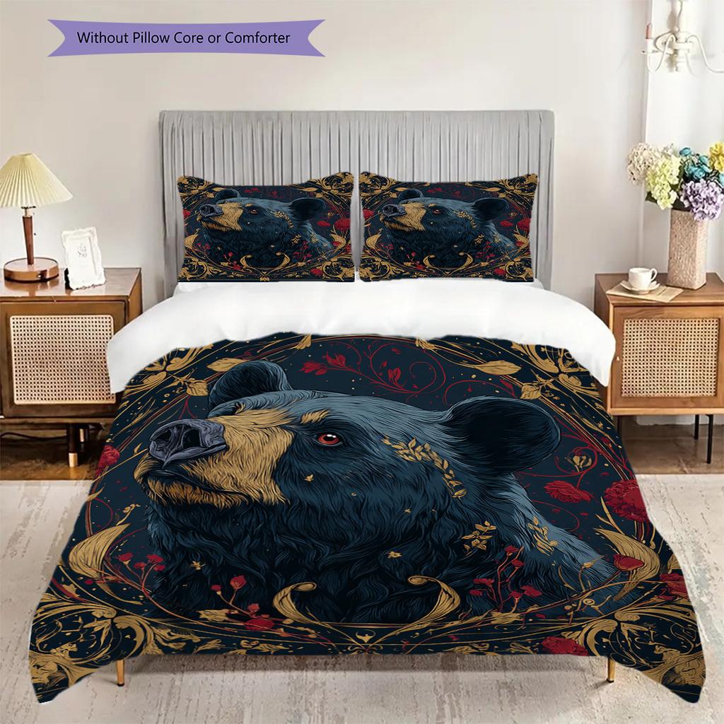 Schwarzbär-Muster Bettwäsche Steppdecke Set Bettbezug Kissenbezug Heimdekoration Geburtstagsgeschenk (1 Bettbezug + 2 Kissenbezüge, ohne Füllung)