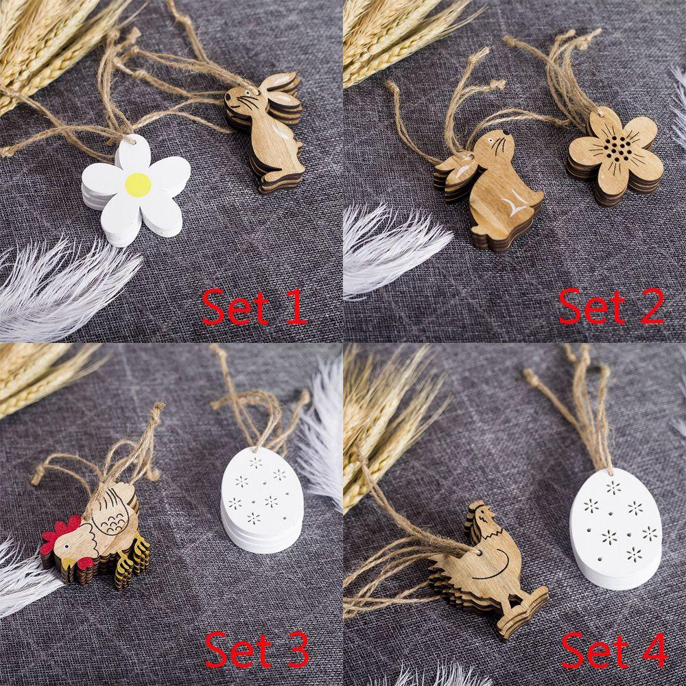 8PCS Natural DIY Rabbit Pendants Eggs Easter Decorations Wooden Easter Wood Chips Hanging Ornaments