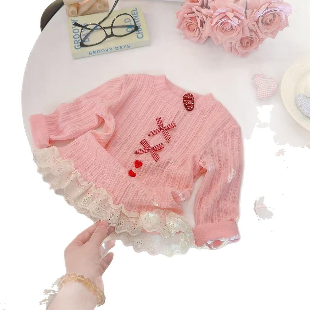 Flicktopp i spets med rosett, elegant, långärmad, för vår