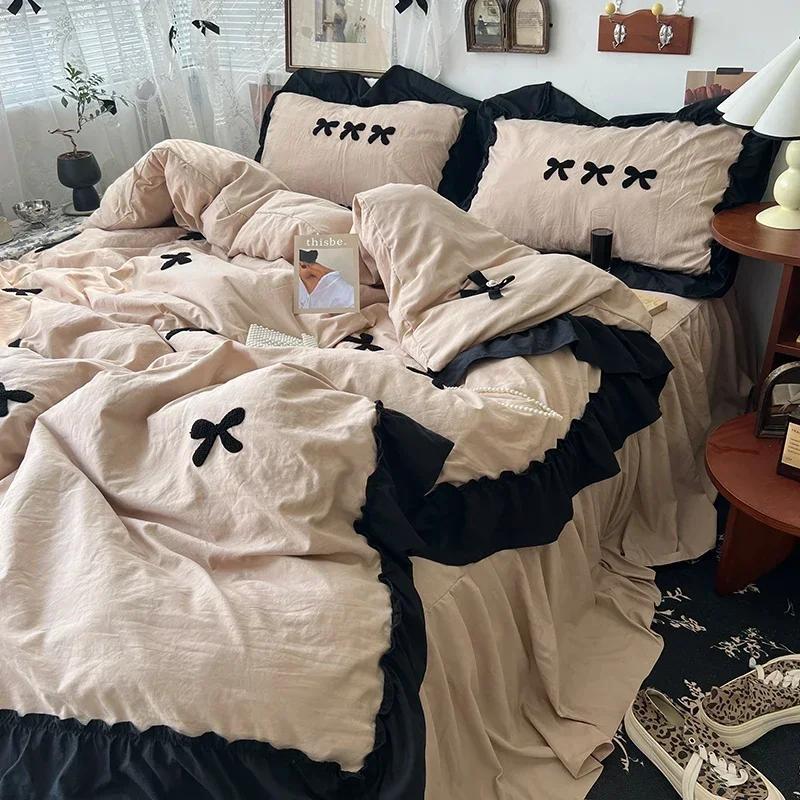 Black Bow Cotton Bedding Set, Princess Style Cute Girl Skin Friendly Soft Duvet Cover, Bed Sheet or Bed Skirt Pillowcase
