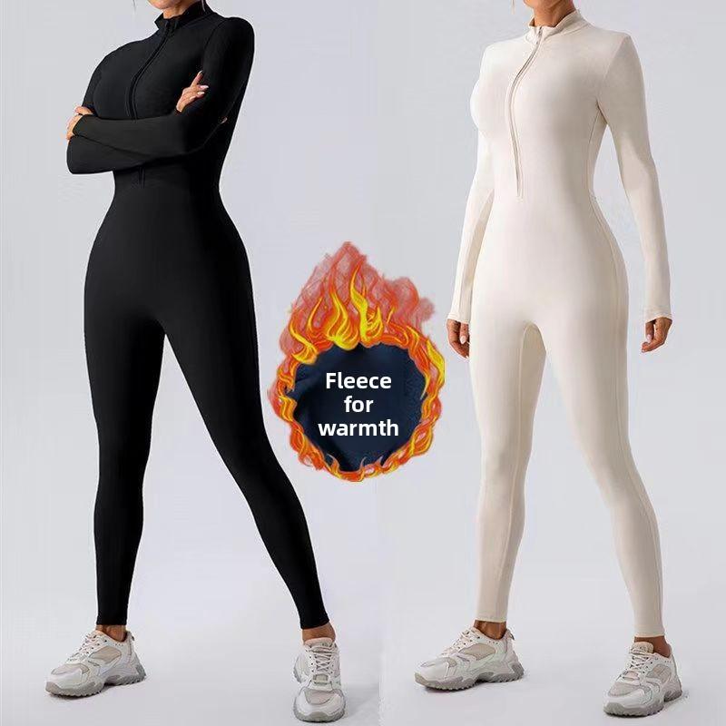 Winter Warm Fleece Tight Jumpsuit Yoga Fitness Dance Cycling Jumpsuit Zipper Tight Jumpsuit Pilates Sports Warm Training Jumpsuit