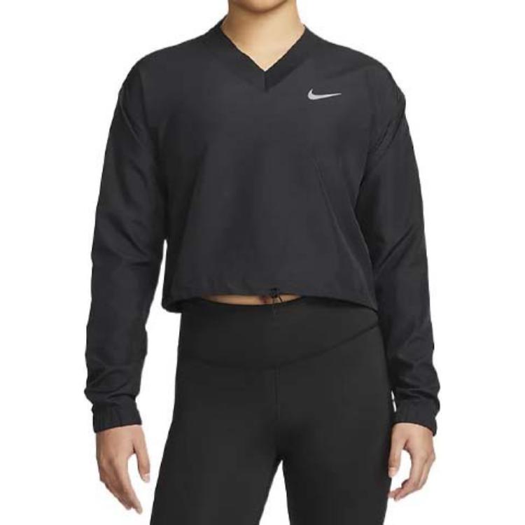 Nike Solid Color V-Neck Logo Print Long Sleeve Vintage American Sweatshirt Women sweatshirt Black DM7776-010