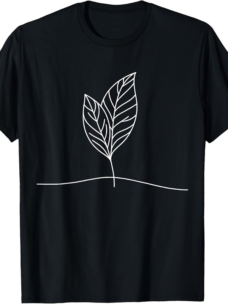 Minimalist Line Art, Botanical Leaf Design, for Man's & Woman T-Shirt, Simple White Outline Plant Graphic, Casual Daily Wear Spring Summer
