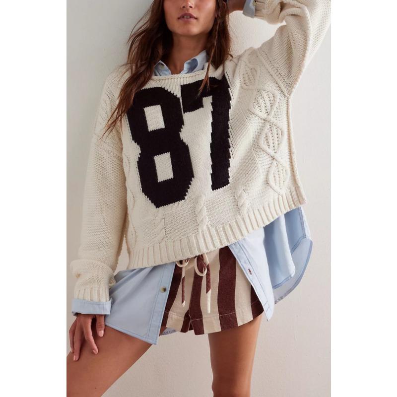 

New hot-selling autumn and winter women s clothing digital contrasting color knitted pullover loose long-sleeved sweater S абрикосовый