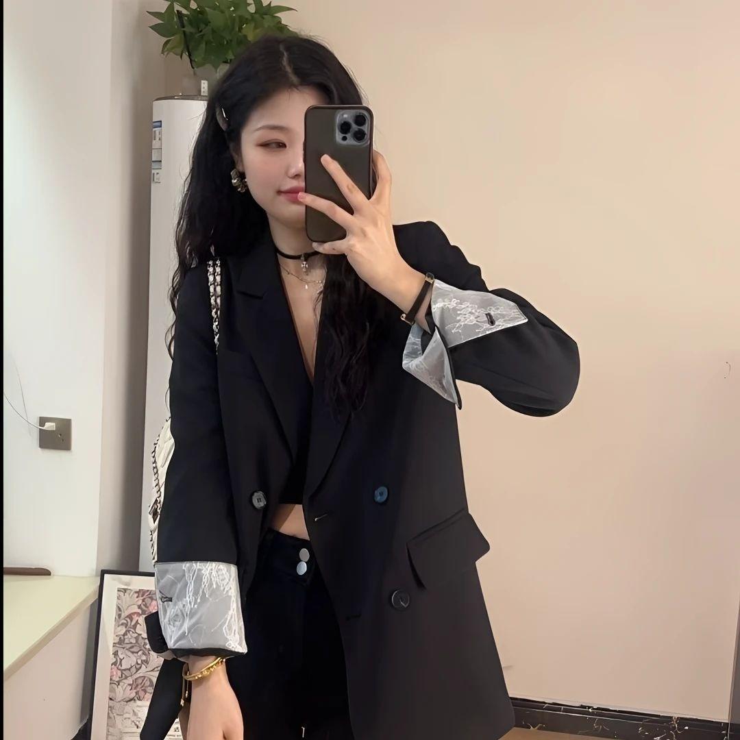 

Трендовый блейзер в стиле пэчворк, весна-осень, корейский стиль, свободный, повседневный, пиджак, женский, кружевная отделка, модная офисная одежда S чёрный