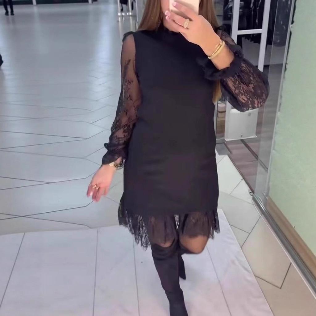 2026 Europe and America Women's Fashion Lace Splicing Long Sleeve Women's Dress
