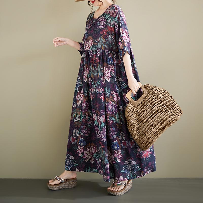 DIMANAF New 2026 Summer Beach Women Plus Size Lady Long Dress Loose Oversize Maxi Floral Print Cotton Vintage