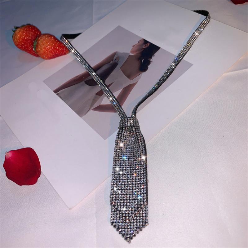 Luxury Adjustable Rhinestone Necktie Double Layer Ties Tassel Ribbon Necktie Unisex