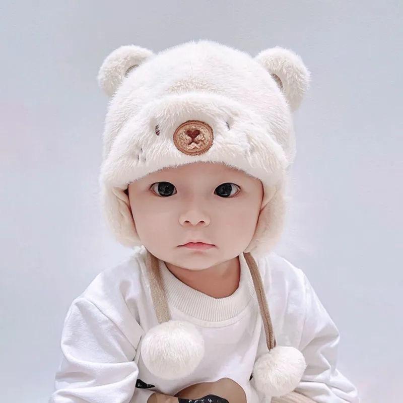 Cute Winter Warm Kids Girl Boys Baby Hats Fleece Wool Hemming Caps With Ball Solid Wool Ear Protection Hats Soft Newborn Bonnet
