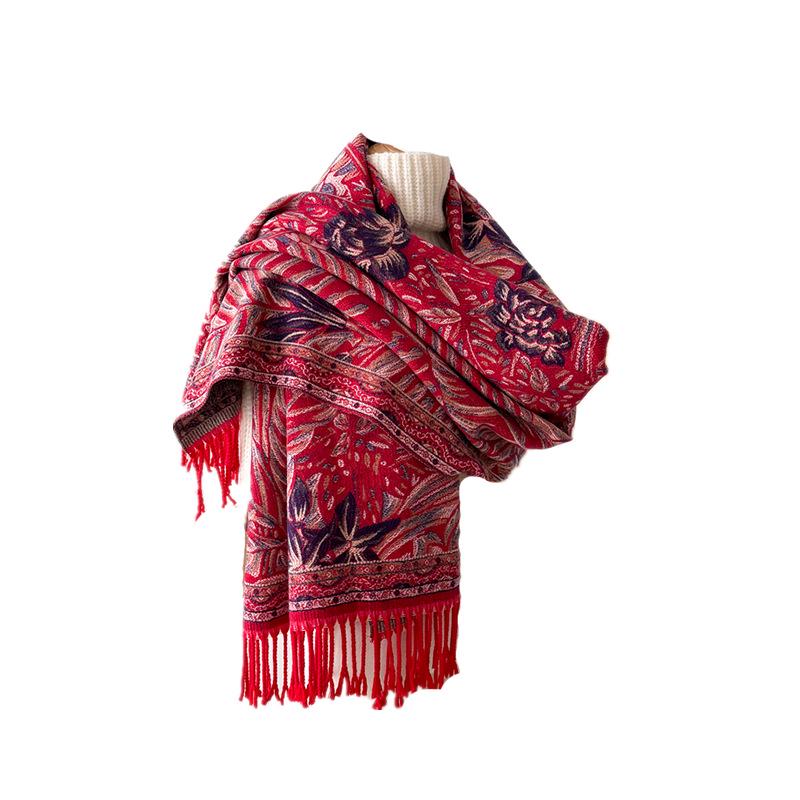 Women's Ethnic Style Double-Sided Jacquard Scarf, 2025 Autumn/Winter Collection: Thick, Warm, Soft Imitation Cashmere Long Snood Shawl.
