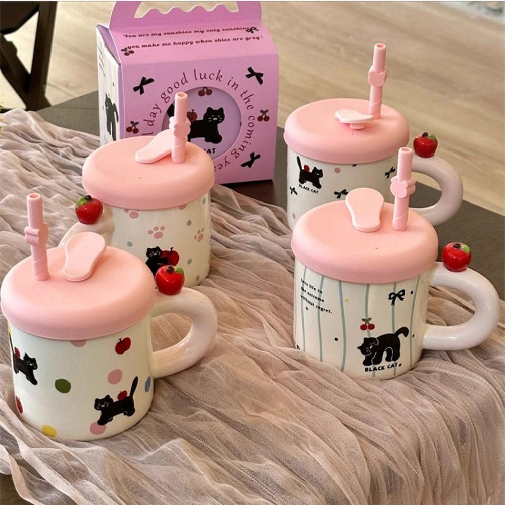 Cute Cat Pattern Cute Drinking Cup with Straw Cartoon Cat Drinkware  for Best Friend