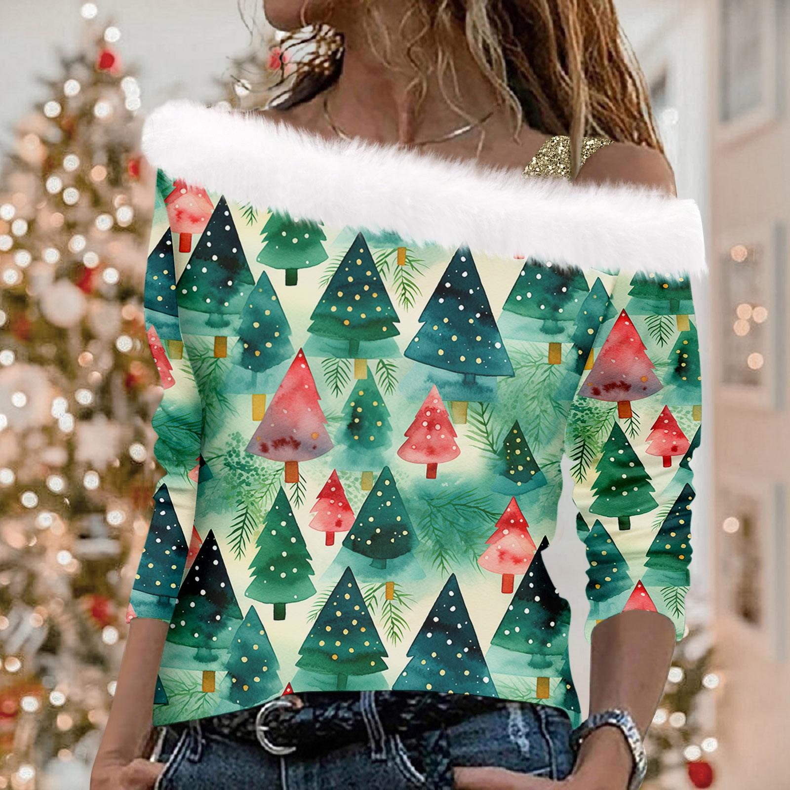 

Женский осенне-зимний пуловер с длинными рукавами и одним плечевым ремнем с рождественским принтом L