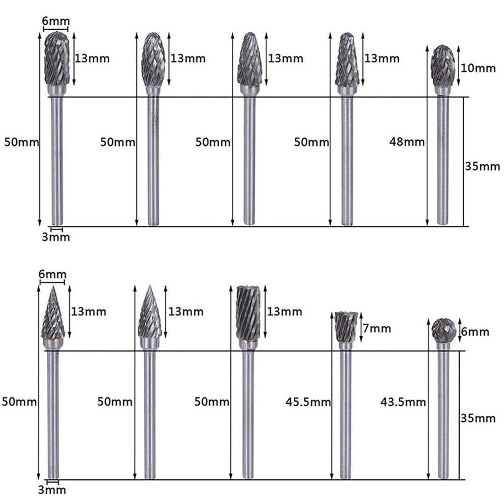 3*6 Double Grain Tungsten Steel Grind Head 10pc Hard Alloy Rotary File Electric Grind Mold Woodwork Grinding File Tool Set