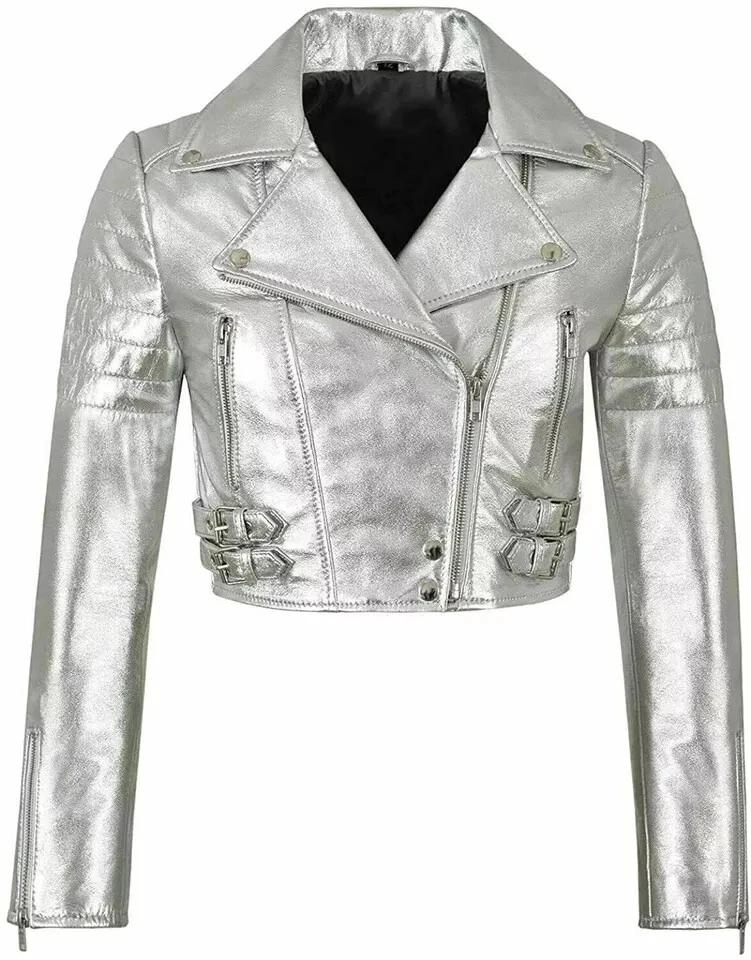 

Leather Lambskin Stylish Casual Soft Fit New Women Silver Jacket Crop Handmade S