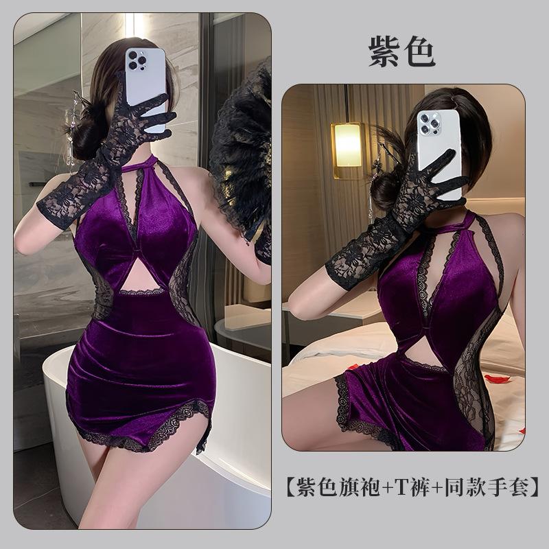Purple erotic underwear pure desire sexy cheongsam free perspective nightclub uniform temptation qqny92