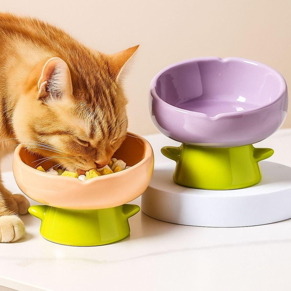 Flower Shaped Ceramic Cat Bowl Large-mouthed Anti-tipping Bowl High Foot Bowl  For Cats Dogs