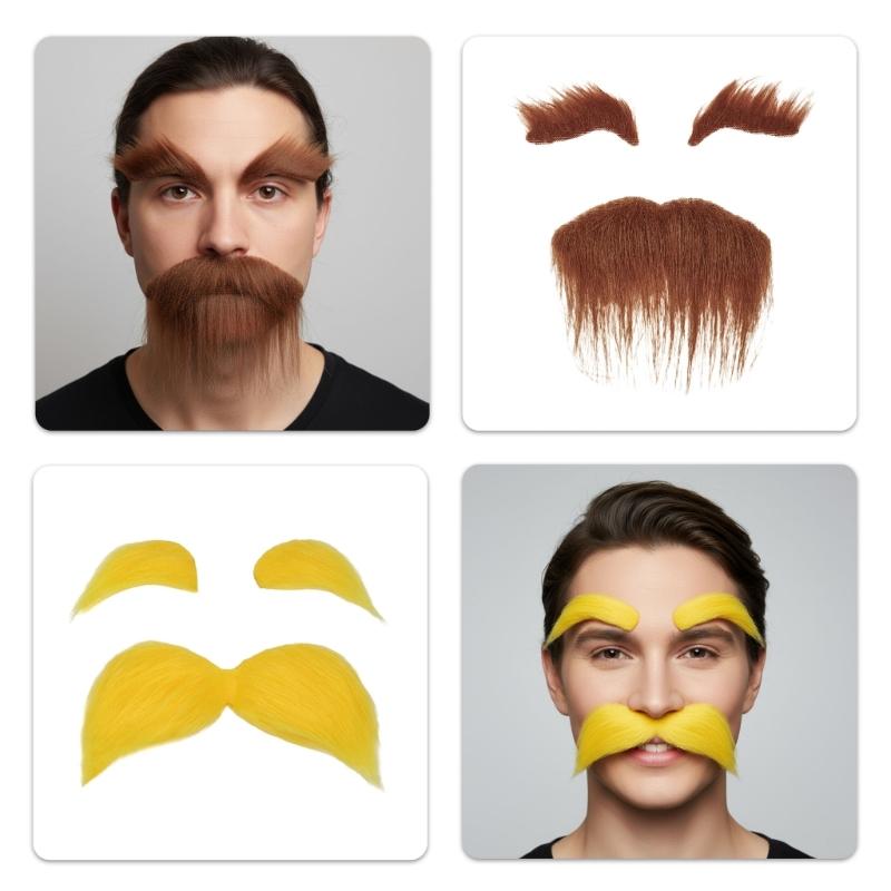 Set med falsk mustasch och ögonbryn, Självhäftigt falskt skägg, Nyheter Realistiskt ansiktshår för Cosplay-kostym Halloweenfest
