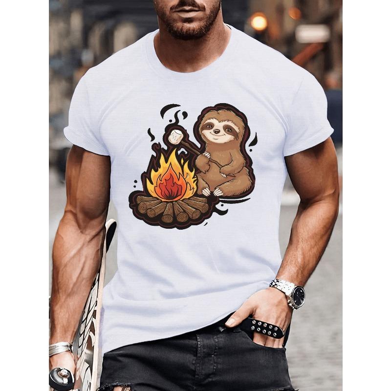Big & Tall Men's Summer T-Shirt - Charming Sloth with Campfire Graphic, Casual Short Sleeve Tee, Machine Washable