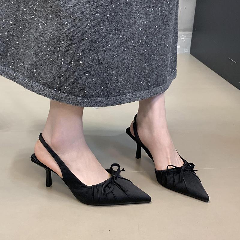 Niche High-heeled Bag Head Sandals Femininity Pointed Head Pleated Bow Single Shoes