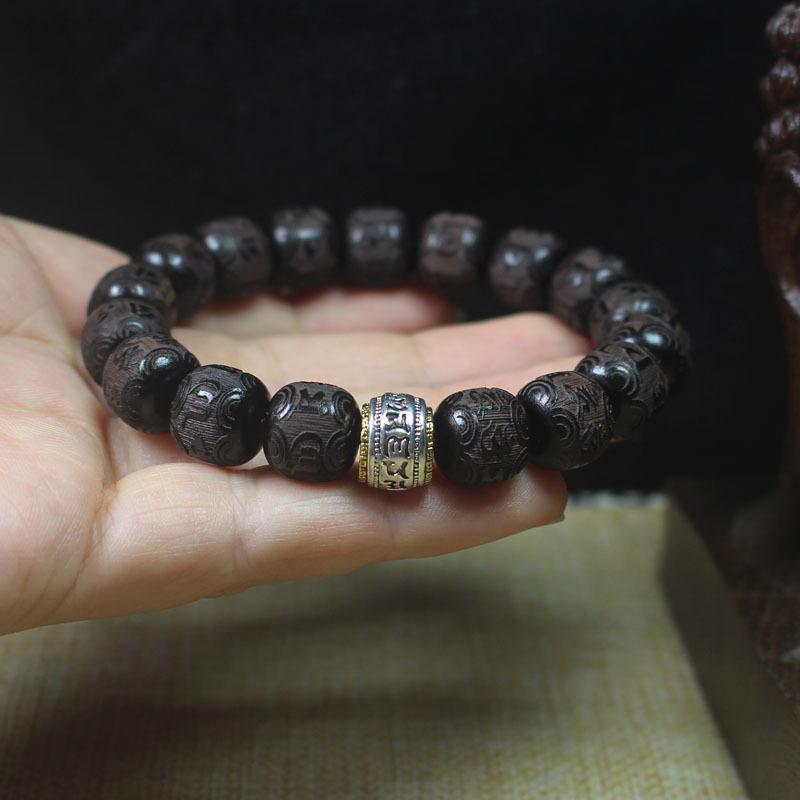 Natural Black Sandalwood Mala Bracelet, 12mm Handmade Buddhist Beads Wristband