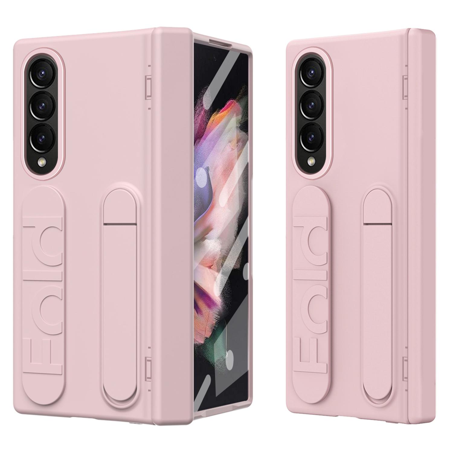 

For Samsung Galaxy Z Fold3 5G Case Kickstand Wristband PC Phone Cover with Tempered Glass Film Pink