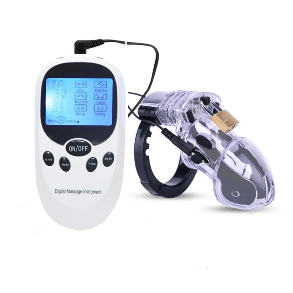 Electro Shock CB6000 Male Chastity Cage Ball Stretcher,Electric Shock Cock Cage Penis Ring, Timer Lock Chastity Belt Sex Toy