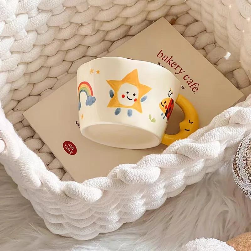 300ML Cute Coffee Cups Ceramic Cartoon Hand Painted Handle Breakfast Milk Beverage Water Cup Couple Mug Gift Home Office Drinks