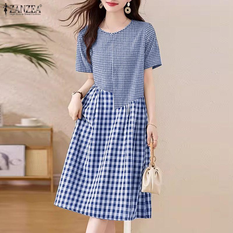 ZANZEA Women Casual Round Neck Short Sleeve Plaid Print Dress
