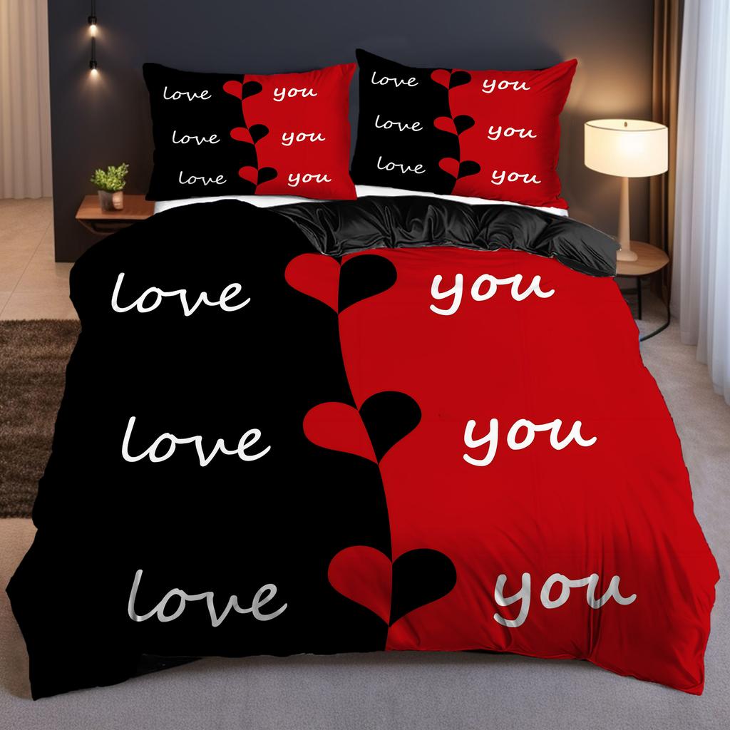 Love Pattern 3D Printed Quilt Cover Set Black Red Color Matching Couple Style Bedding Set Home Textiles Duvet Cover Pillowcases