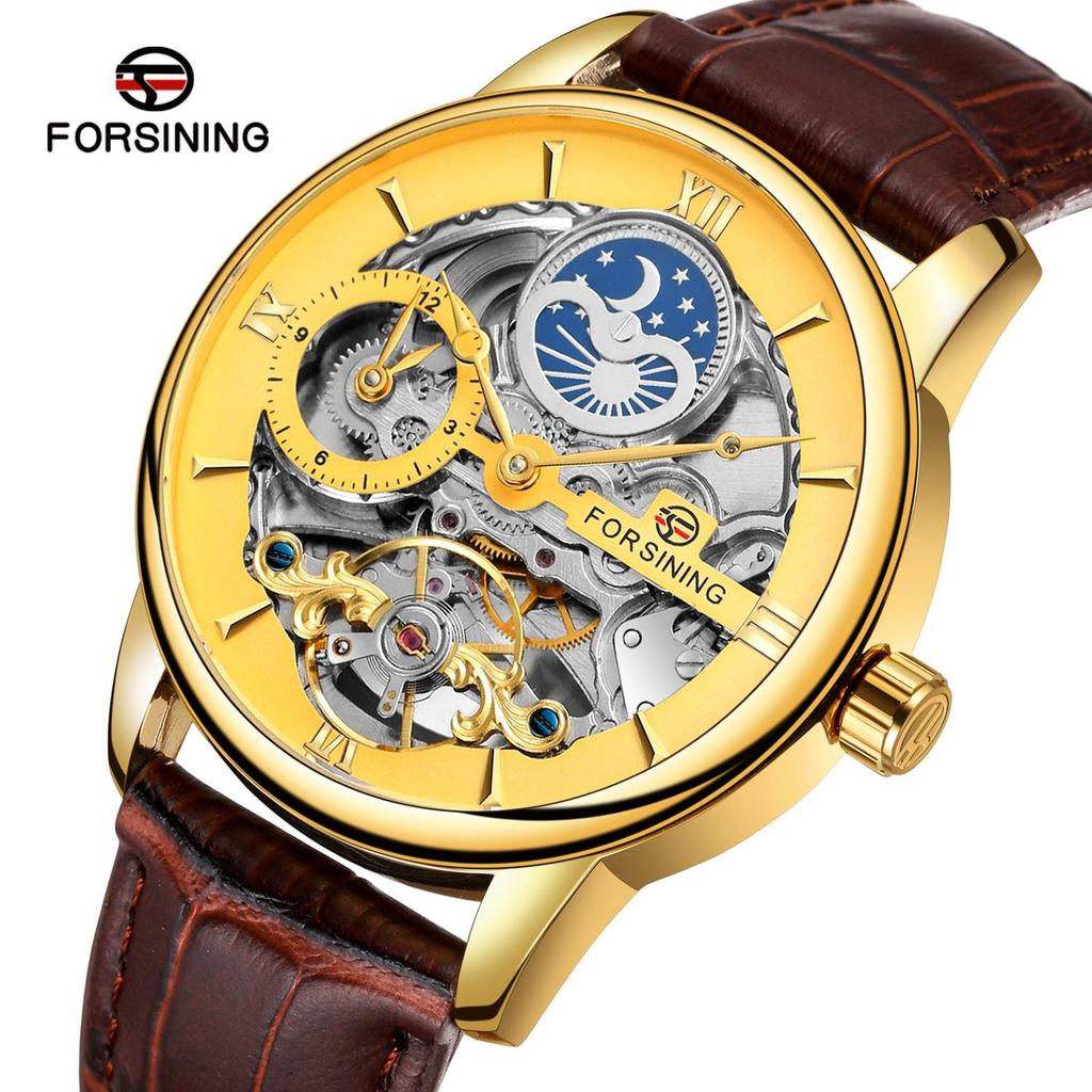 FORSINING Men's Luxury Automatic Mechanical Watch Leather Strap Automatic Tourbillon Hollow Mechanical Watch