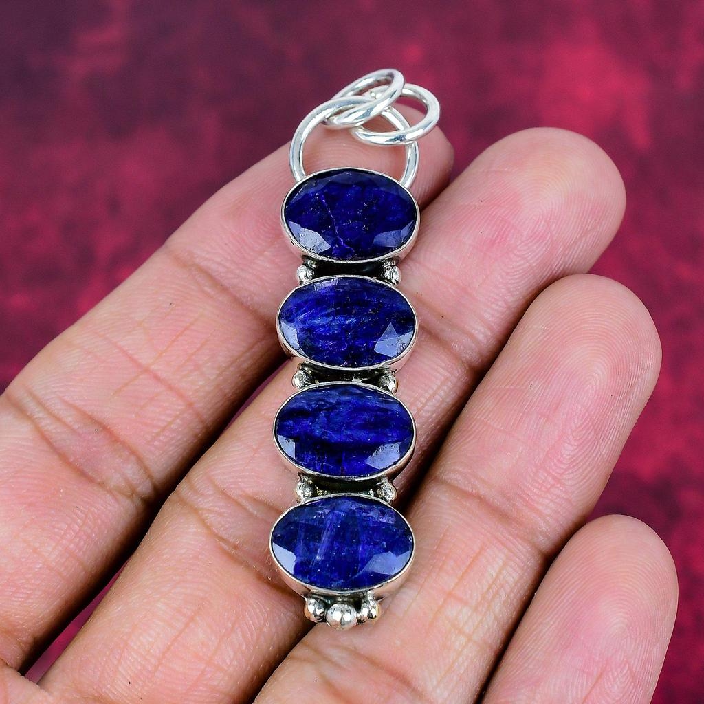 Blue Sapphire Pendant, Handmade Gemstone Pendant, 925 Solid Sterling Silver Pendant Antique Jewelry, For Engagement Gift