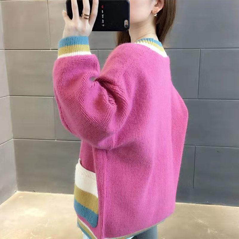 Cardigan Women Female 2023 Spring and Autumn V Neck Long Sleeve Korean Version Loose Color Block Sweater Knit Cardigan Female