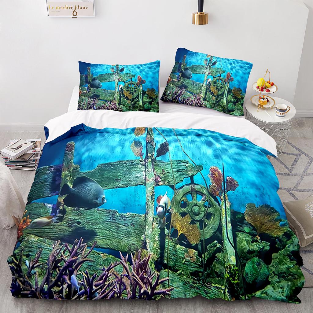Blue Sea World Bedding Sets 3D Print  Sea Animal Dolphins Sharks And Cartoon Quilt Queen Duvet Cover Set Kids Adult Bedclothes