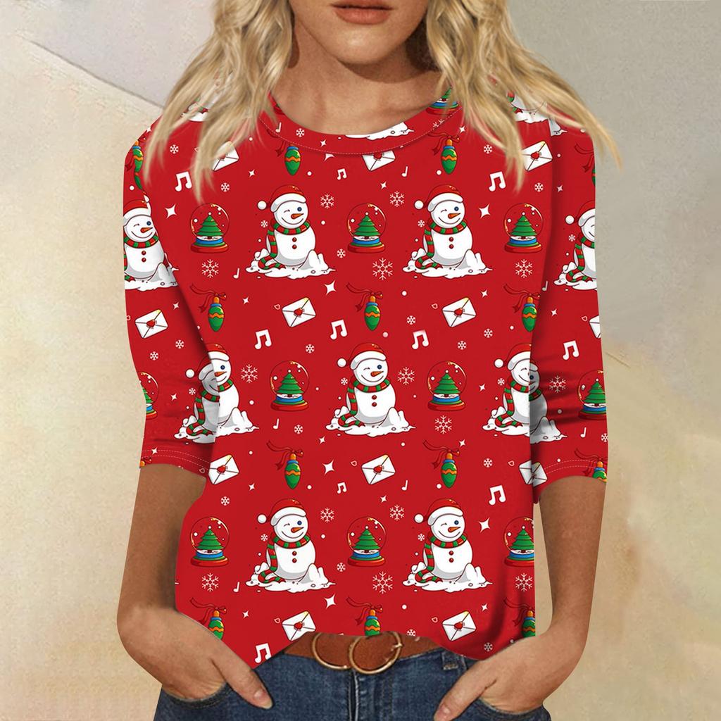 Women's Fashion Casual Round Neck 3/4 Sleeve Loose  Printed T-Shirt Ladies Top