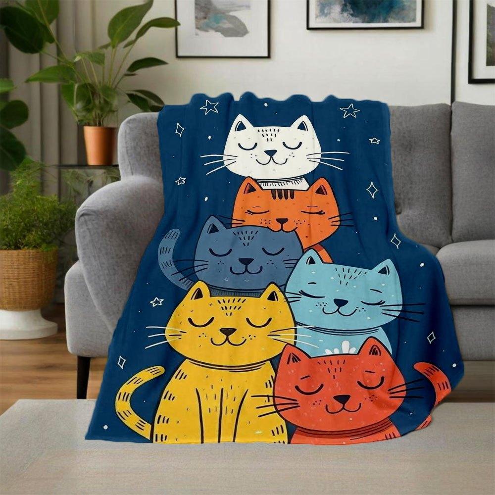 Cute Cats Stacked Illustration Phone WallpaperBlanket Flannel Throw Blanket for Sofa, Bed, Travel, Camping, Office, Couch, Chair, And Bed Gi