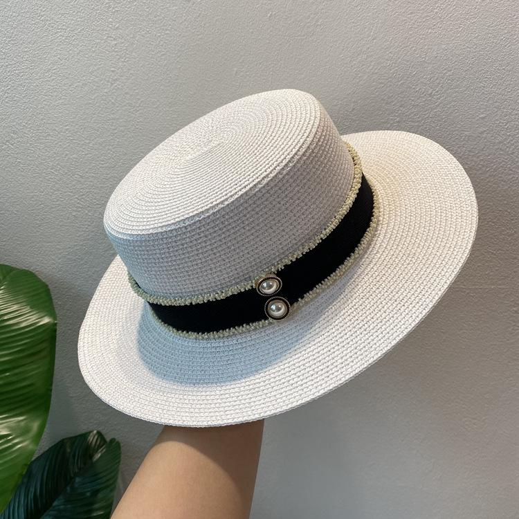Spring and summer flat top top hat sticker straw woven big eaves hat seaside vacation straw hat sun protection beach hat French sun hat women