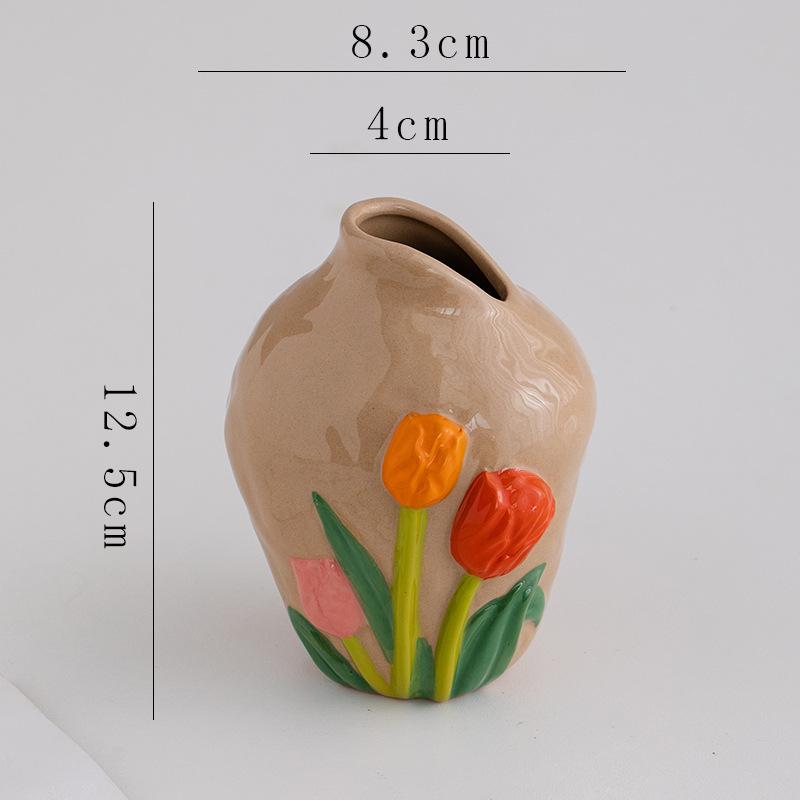 Wazon Reliefowy Trójwymiarowy Tulipany Vintage Ceramiczny Wazon Ręcznie Robione Akcesoria do Aranżacji Kwiatowych Dekoracja Domu