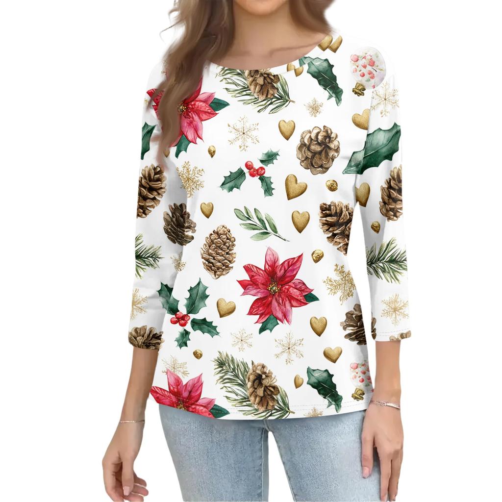 Women's Casual Christmas Print Three-Quarter Sleeve Neck Loose Fit Shirt