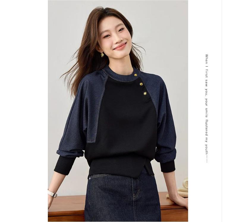 Retro High-end Denim Patchwork Stand Up Collar Sweatshirt for Women Autumn Fashion Long Sleeved Spring Denim