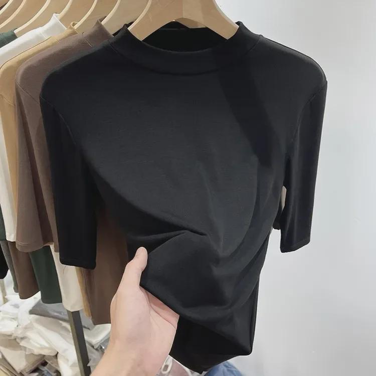 T-shirt Modal Amincissant à Manches Mi-Longues Polyvalent Uni à Masque pour Femme Printemps/Été