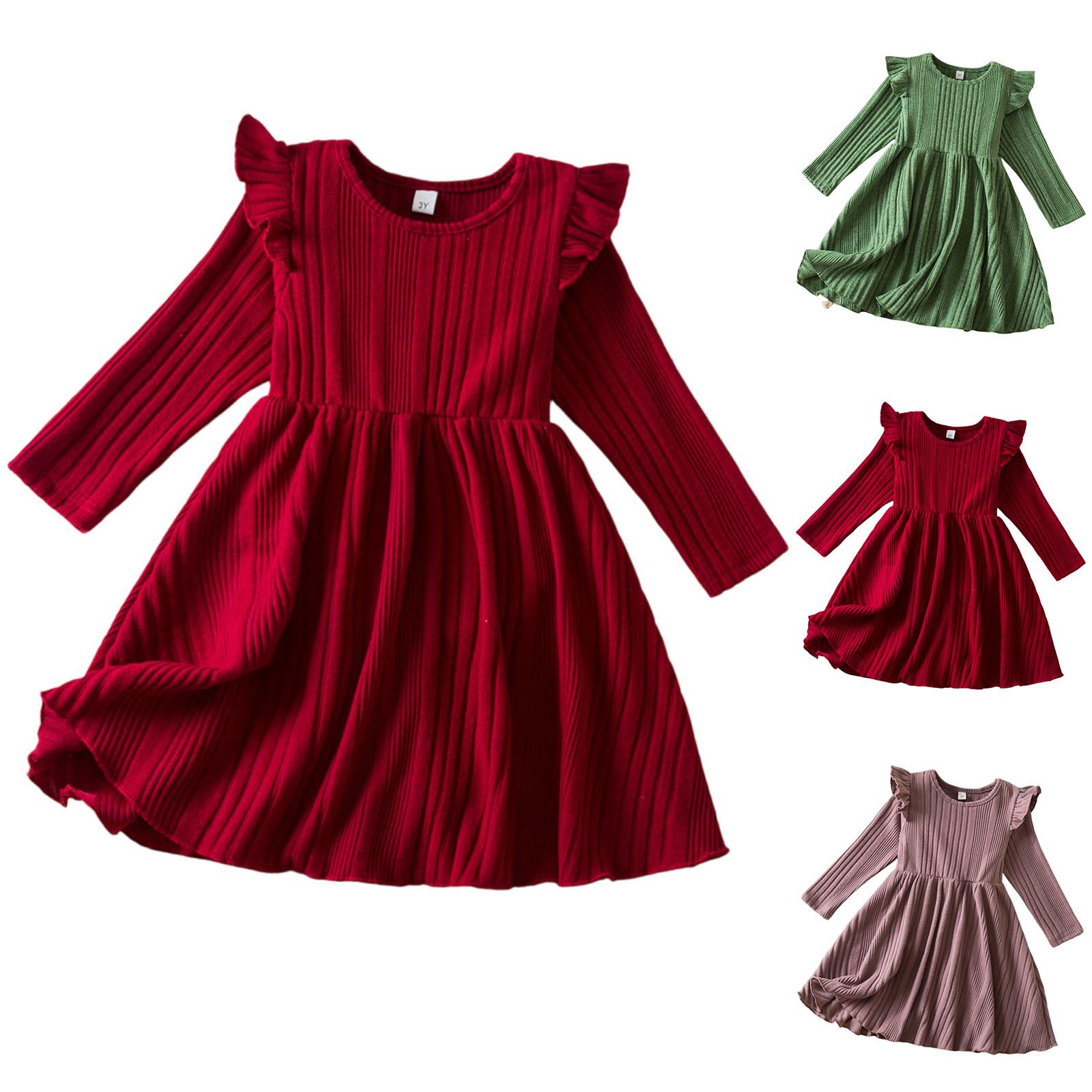

Girls Fashion Cute Fly Sleeve Long Sleeve Princess Dress Solid Color Dresses 7Y червоний