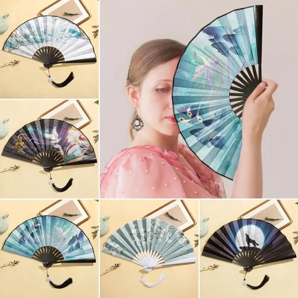 2026 Seiden-Vintage-Faltfächer Bunter Bambus-Handfächer Quaste Eleganter Handfächerstock Klassischer Tanzfächer Heimdekoration