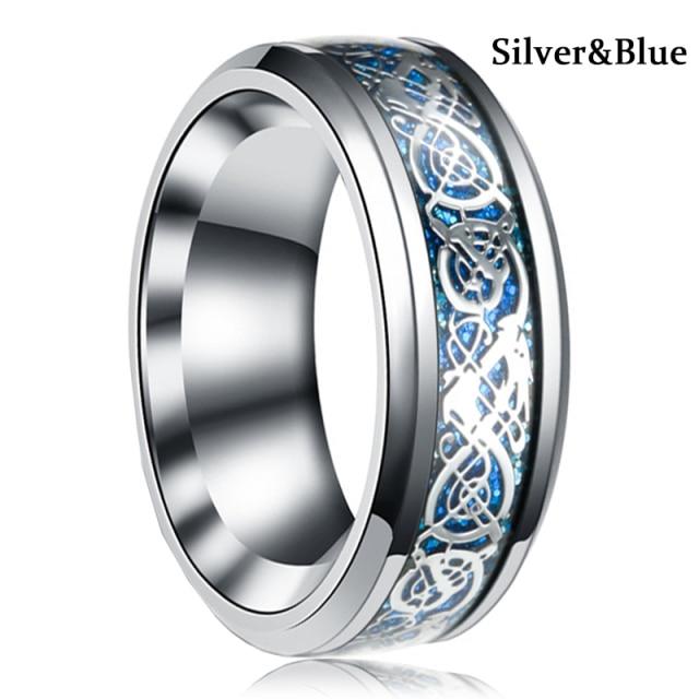 8Mm Men Black Red Stainless Steel Finger Ring Viking Dragon Blue Cubic Zirconia Inlay Finger Ring Nuptial Bridal Band Beveled Edge Comfort FitTrendy