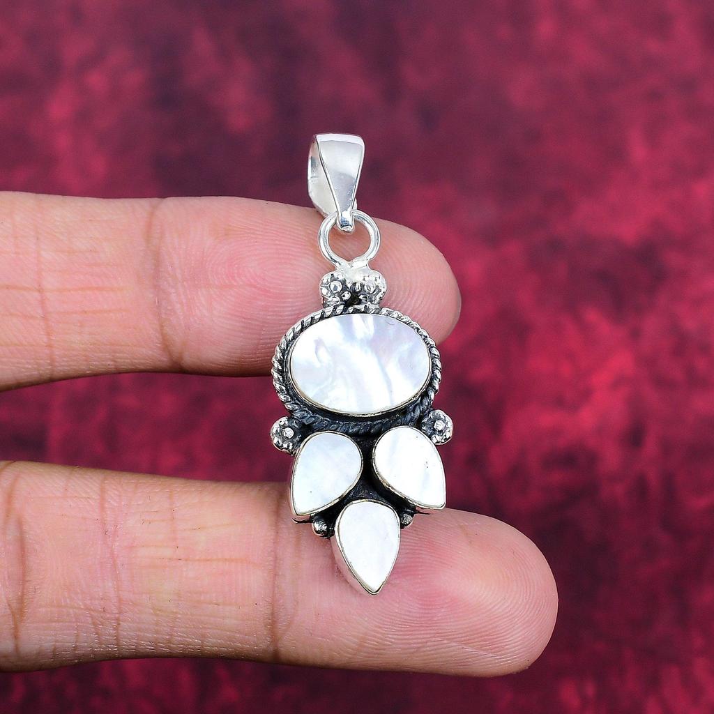 Mother of Pearl Pendant, Real Gemstone Pendant 925 Solid Sterling Silver Pendant, Handmade Jewelry Anniversary Gift