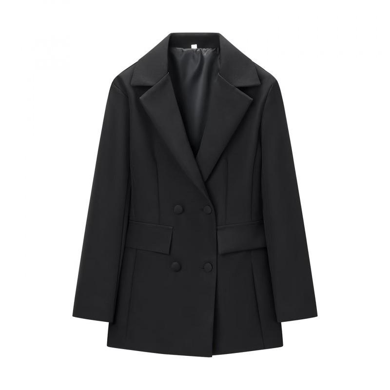 2025 Women's Fashion Double-Breasted Black & White Waist-Cinching Suit Jacket