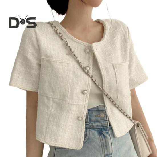 Women Coat Blazer French Style Elegant Short Sleeve Short Type Single Breasted Color Matching Spring Fall Jacket